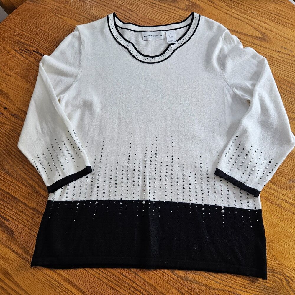 Alfred Dunner Top Womens Small Black White Studded Knit Long Sleeve Pullover